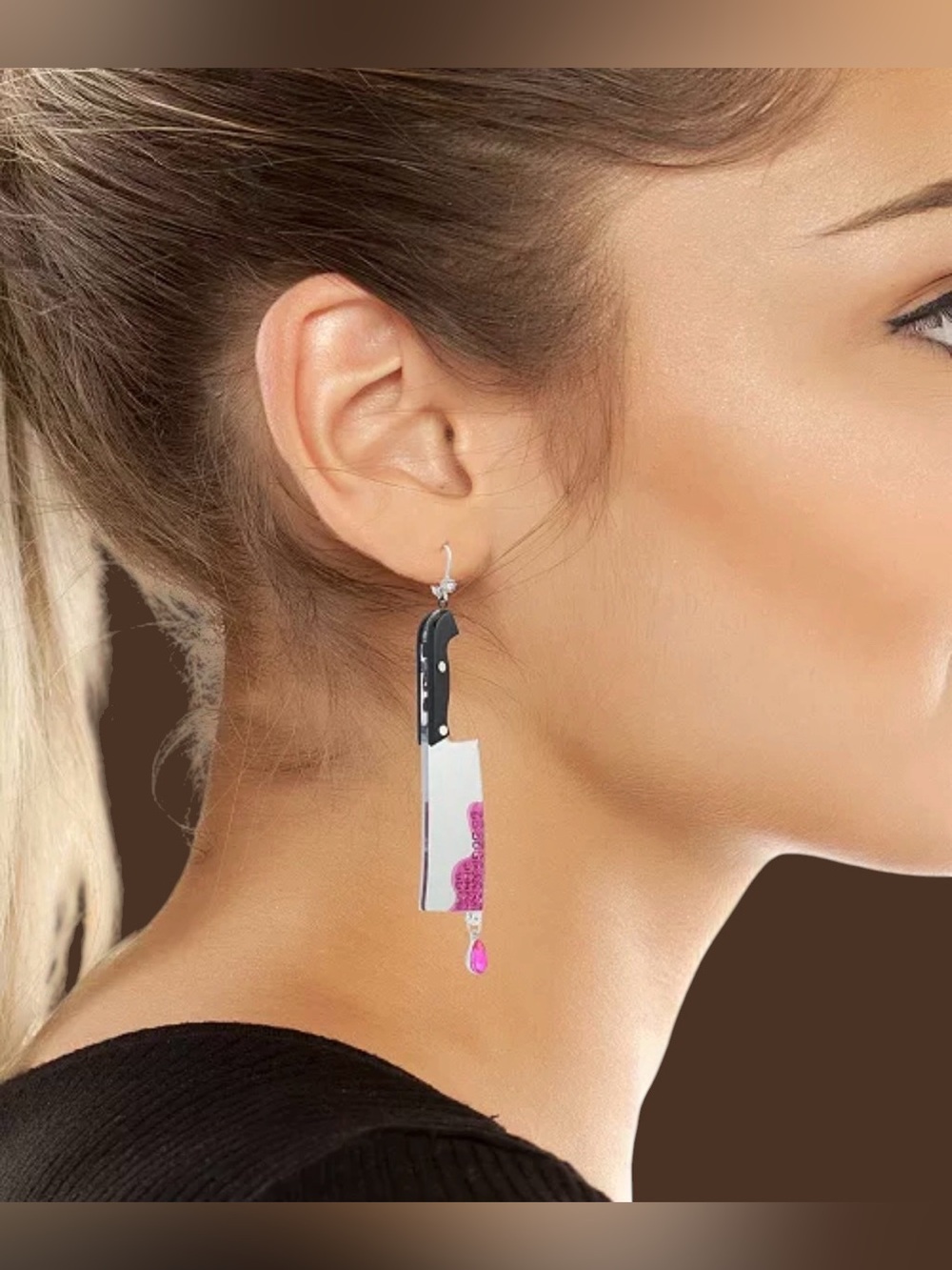 Betsey Johnson Black & Pink Cleaver Dangle Earrings - Picture 4 of 16